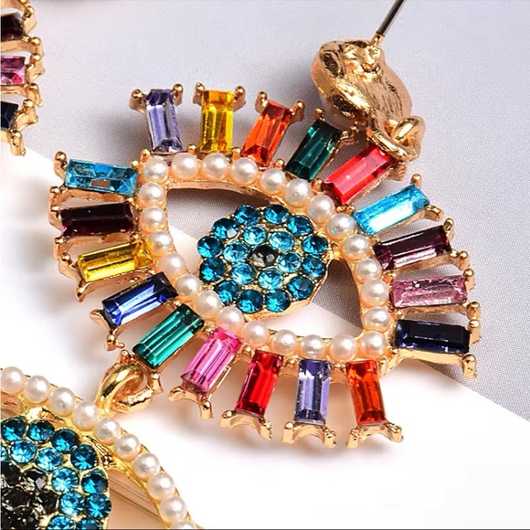 LAST 1! EVIL EYE! Rhinestone and Faux Pearls Large Colorful Dangle Earrings! - Picture 6 of 9